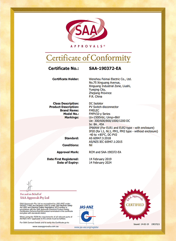 Photovoltaic DC isolating switch SAA certificate